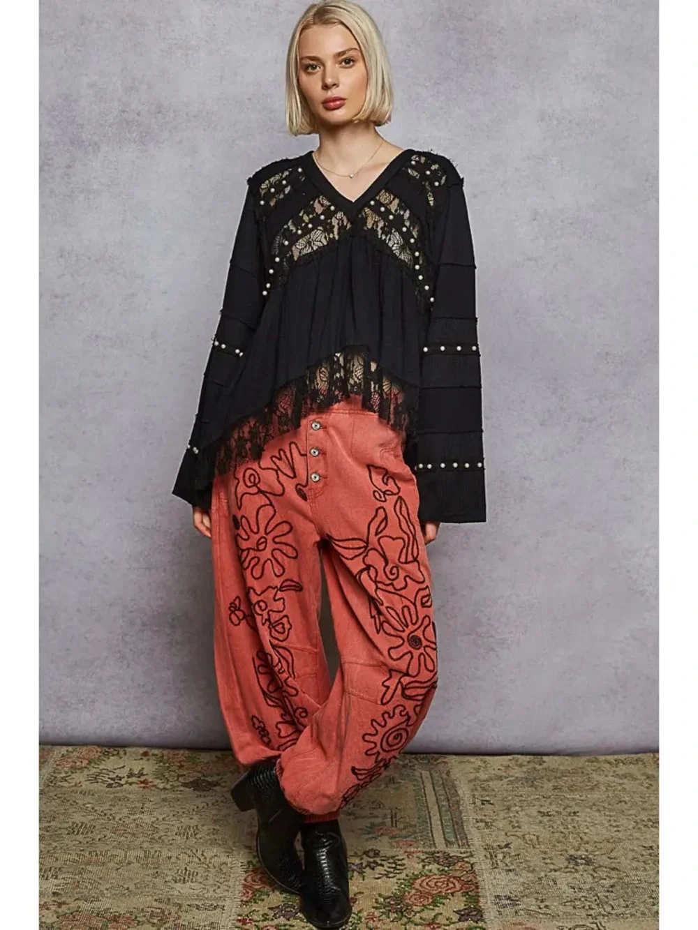 POL Black Lace-Trim Pearl-Embellished V-Neck Tunic - Picture 4 of 4